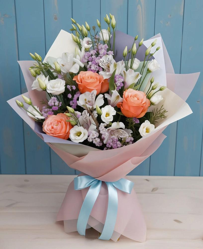 Букет цветов из: Лизиантусы, Розы, Альстромерии и Гипсофила в Платаве