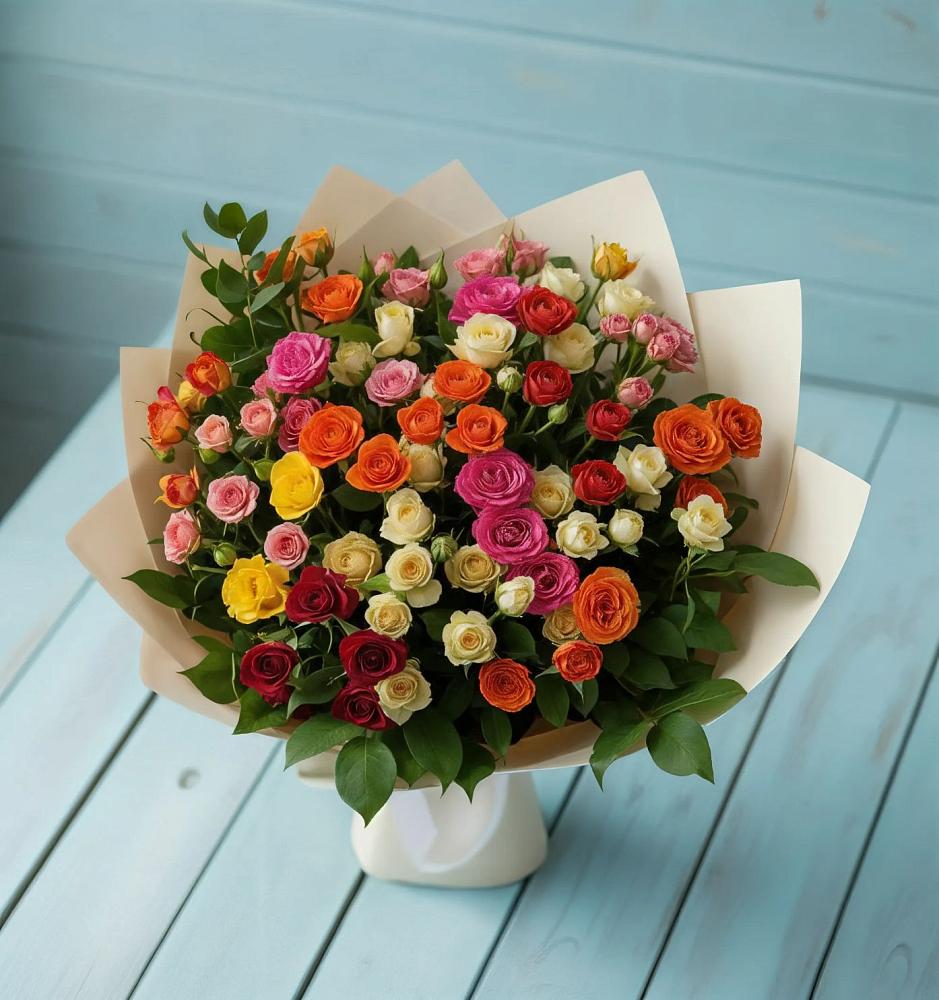 Букет Микс из разноцветных кустовых роз в Платаве