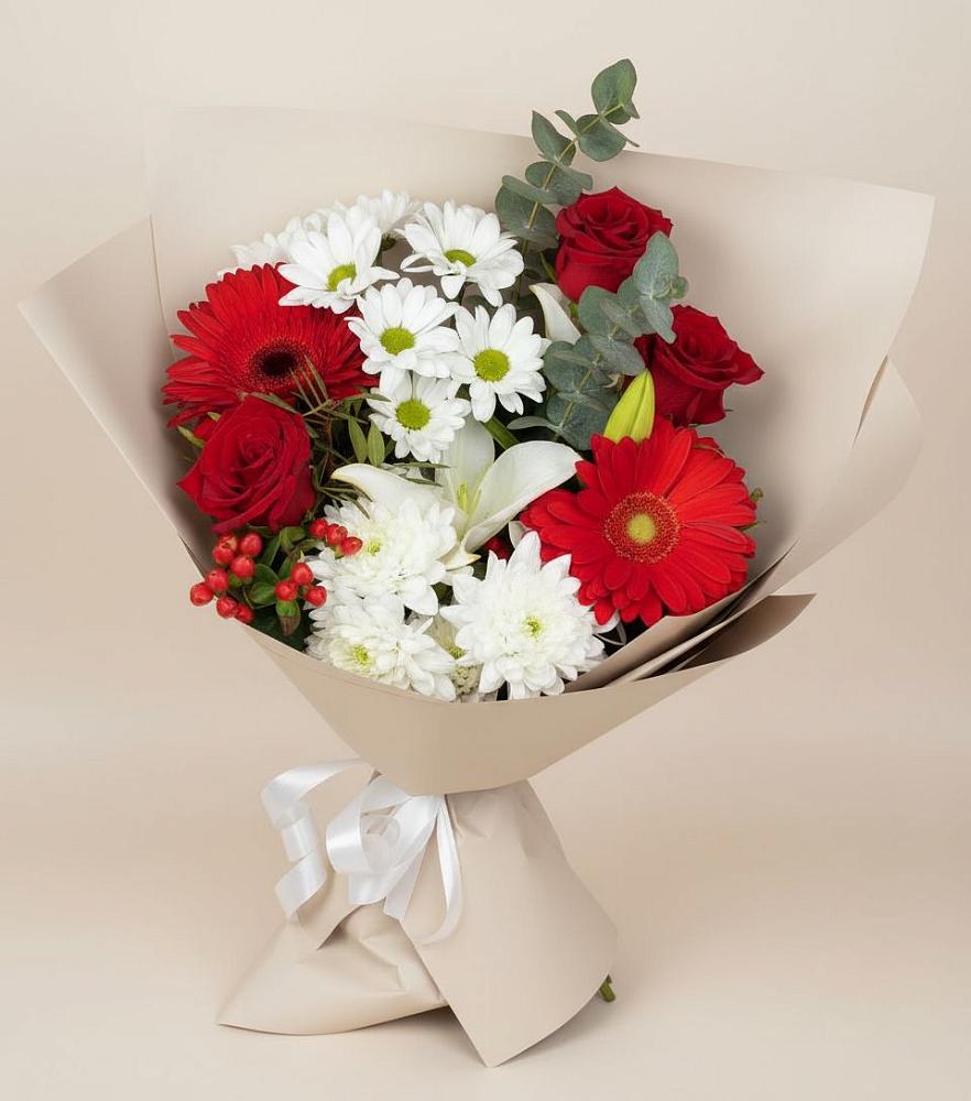 Букет цветов из: Розы, Хризантемы, Герберы и Лилии в Платаве