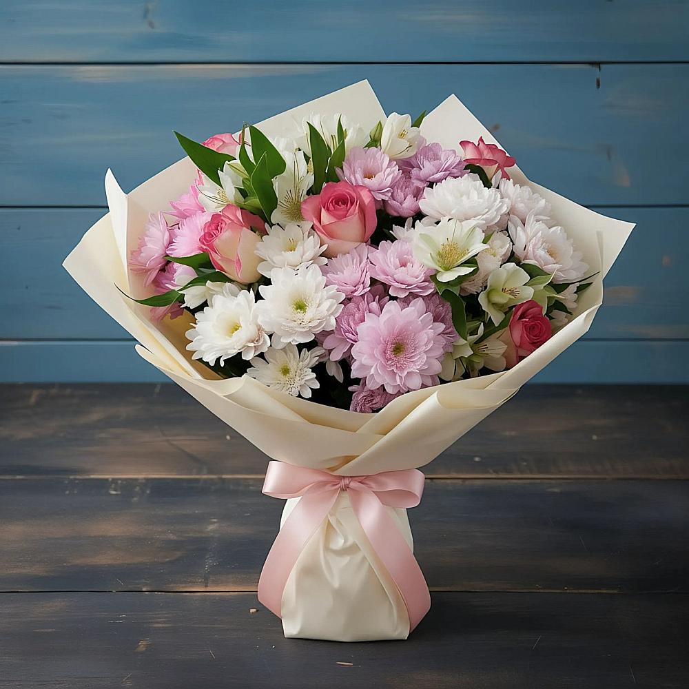 Букет цветов из: Хризантемы, Альстромерии и Розы в Платаве